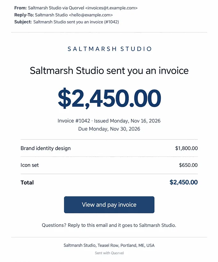 Example invoice email from an invoicing app with the business name in the subject, the amount and due date at the top, two line items, and one View and pay invoice button